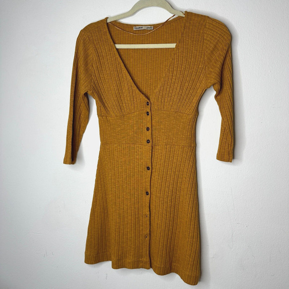 Pull & Bear Golden Yellow Cotton Rib Long Sleeve VNeck Button Up Mini Dress S - Picture 1 of 13